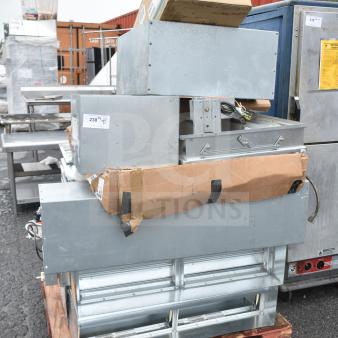 Stack of 13 various HVAC items including BSQ60TVJ branch box and Greenheck fire damper on a pallet, tags visible.