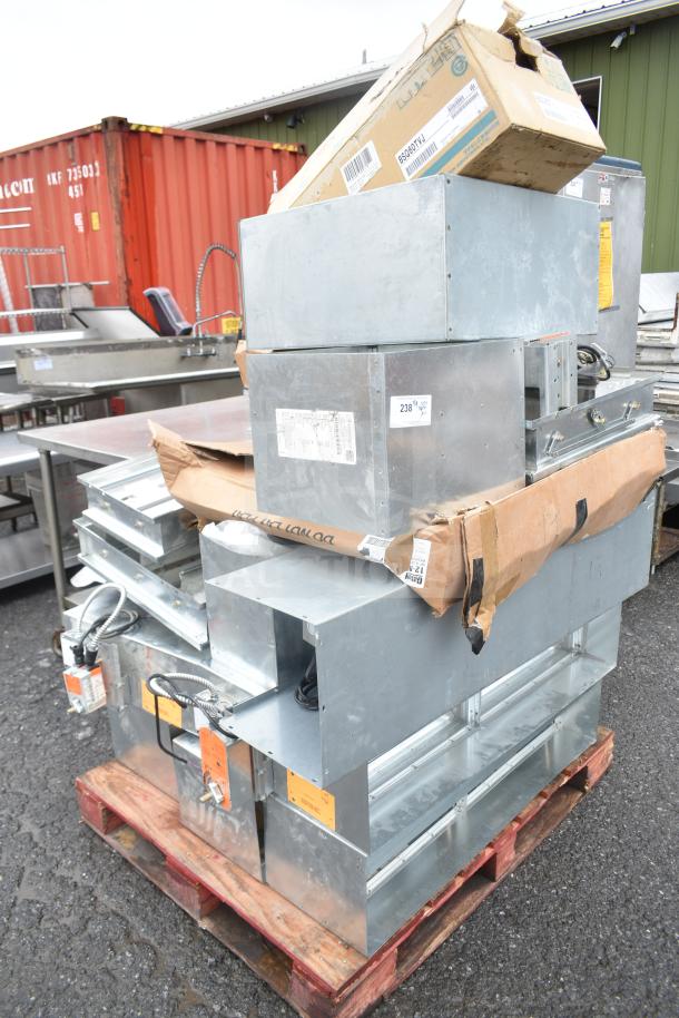 13 industrial items including BSQ60TVJ branch box, fire damper, and Greenheck parts on a pallet; various conditions.