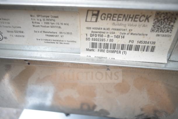 Greenheck fire damper with visible label showing model DFD150-B 14X14, manufactured 09/15/2022, Frankfort, KY.