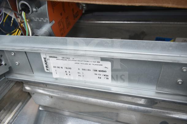 13 various metal items including BSQ60TVJ branch box, fire damper, Greenheck pieces. Visible label with order and date details.