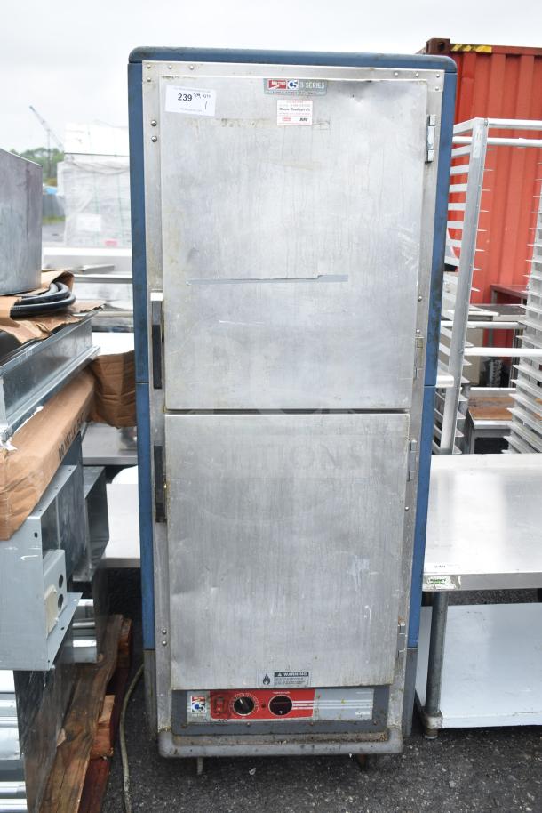 Metro C539-HDS-4-BU heated holding cabinet on casters, worn condition. Visible labels indicate 120V, 1 Phase.