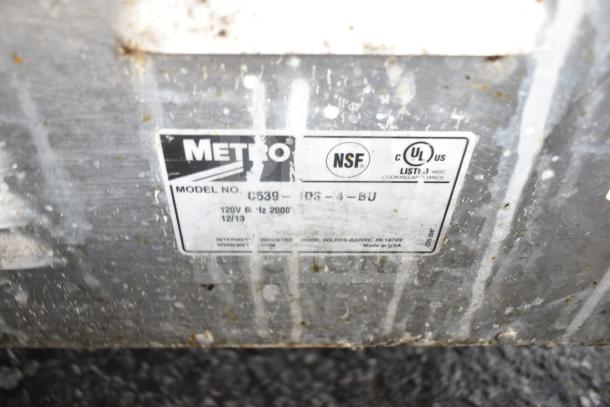 Metro C539-HDS-4-BU label close-up, showing NSF and UL certifications, 120V, 1 Phase. Used commercial heated holding cabinet.