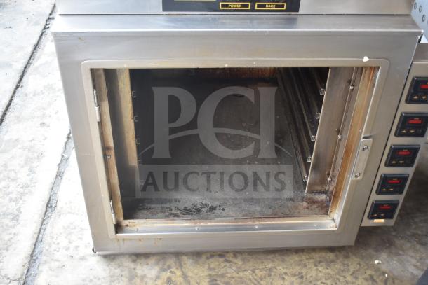 Nu Vu PMA-5/18 commercial oven, missing glass door. 208 volts, 3-phase. Visible wear, buttons intact.