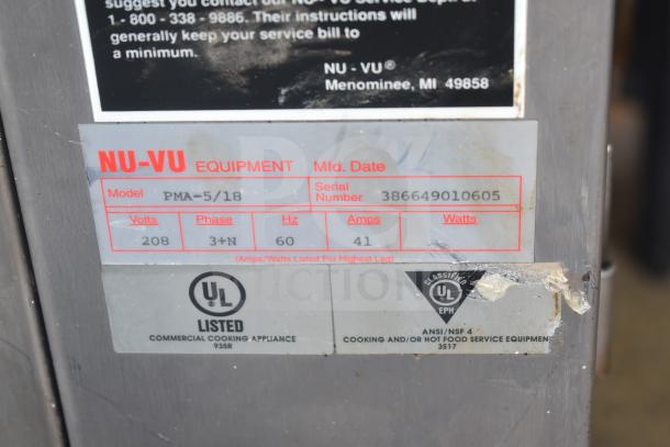 Nu Vu PMA-5/18 commercial electric oven label showing specs: 208V, 3-phase, serial 386649010605, UL listed. Missing glass noted.