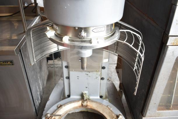 Hobart M802 Commercial 80 Quart Dough Mixer with bowl guard, 200V, 3-phase, visible use marks, includes control labels.