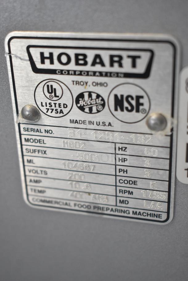 Hobart M802 label showing specs: 80 Quart, 200V, 3 Phase, UL and NSF listed, made in USA, serial number visible.