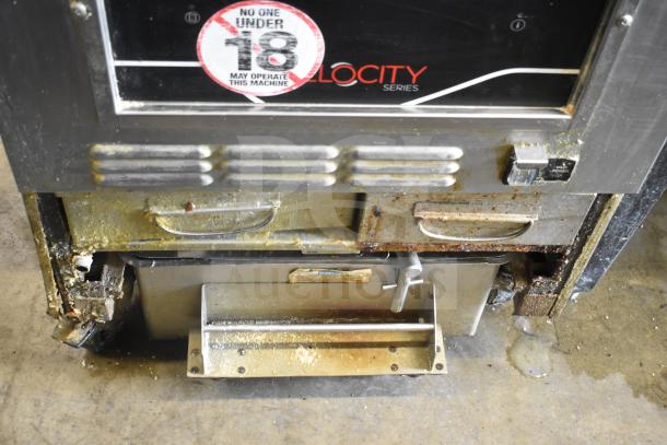 2020 Henny Penny PXE-100 electric pressure fryer, commercial casters, 208V, 3 phase, visible wear, "No One Under 18" warning.