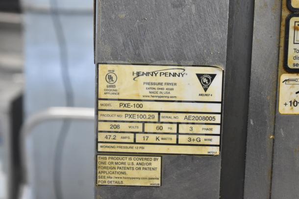 2020 Henny Penny PXE-100 Pressure Fryer, electric powered, commercial casters, 208V, 3-phase, UL listed, serial AE2008005.