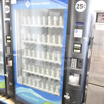 Crane 5800-4 commercial drink vending machine with bill acceptor, tested and working, displays 16.9 fl oz bottles, 115V, 1 phase.