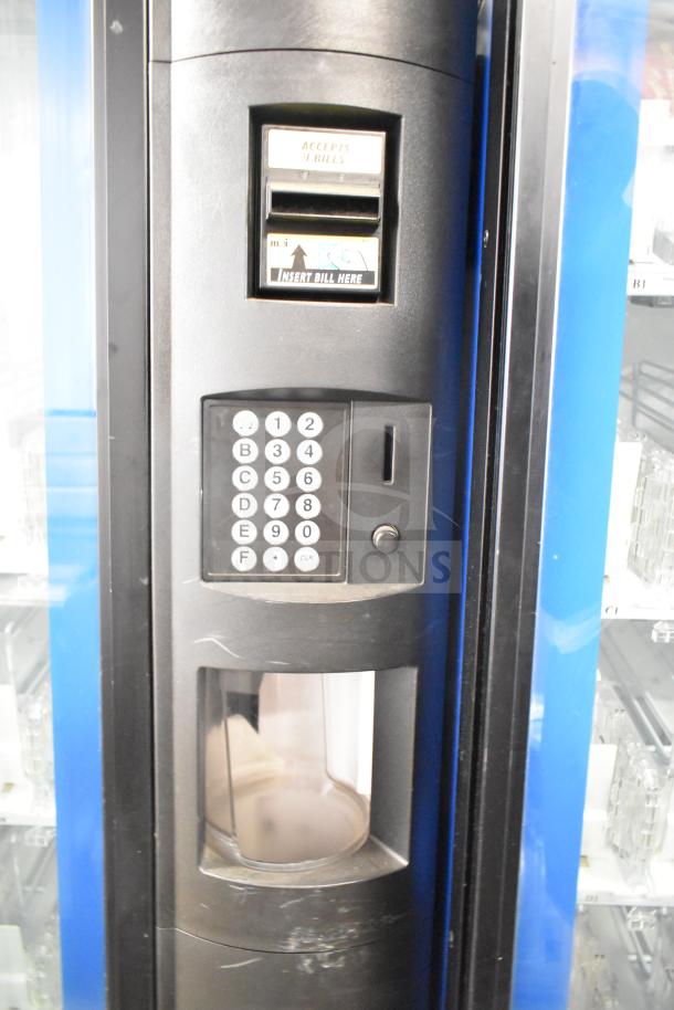 Crane 5800-4 commercial drink vending machine with bill acceptor. Tested, working, 115 volts, 1 phase, keypad visible.