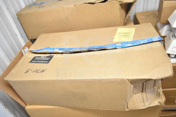 Damaged box containing 13 Evolve LED Flood Lights, original packaging. Labels include maintenance notes and shipping tape.