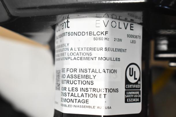 "Current Evolve LED Flood Light label, model MSM750NDD1BLCKF, 212W, UL certified for outdoor use, in original box."