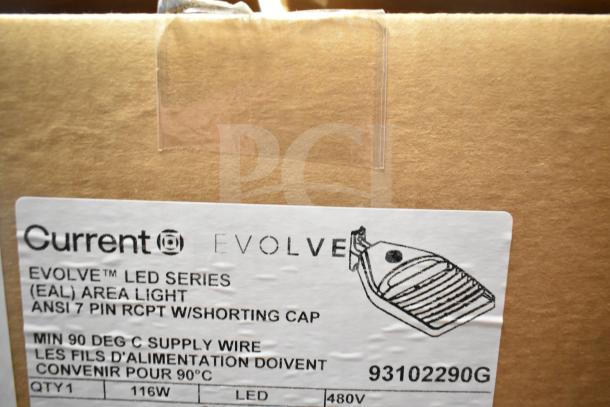 Original box of 13 Current Evolve LED area lights, 116W, 480V. Includes ANSI 7 pin RCPT with shorting cap. Model 93102290G.