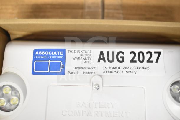5 DualLite LED emergency light, warranty until Aug 2027, model EVHC6IDP-WM, replacement battery part #9304679801.