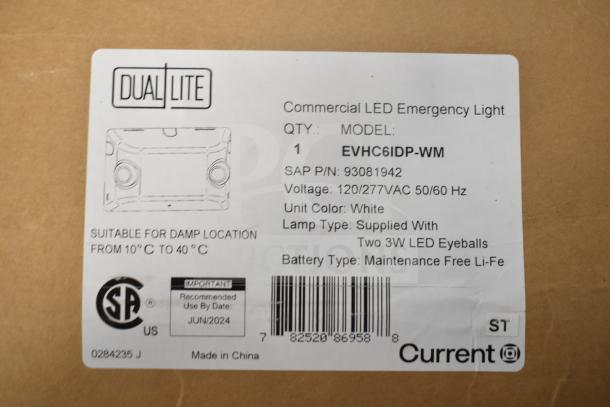 DualLite EVHC6IDP-WM LED emergency light box with label details: 120/277VAC, white, 2x3W LEDs, Li-Fe battery, damp location use.