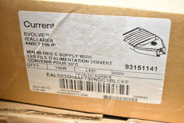 Cardboard box showing the label for Current Evolve LED Flood Lights, 140W, 480V, with catalog number EALS035H4AF750NDC1BLCKF.