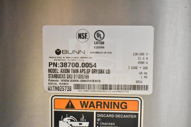 Label on Bunn AXIOM TWIN APS coffee machine shows model details, 120/208V, 1 phase, 4500W, warning label visible.