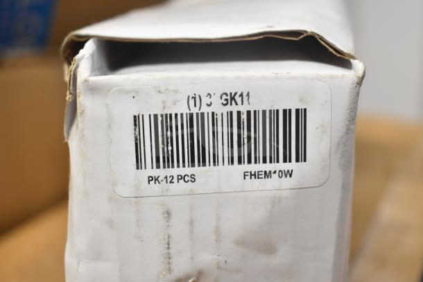 Cardboard box with barcode label reading "PK-12 PCS, FHEM-10W" for DualLite emergency items. Box shows signs of wear.
