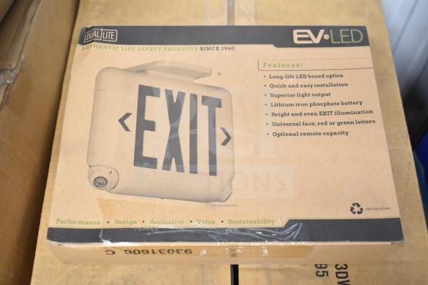 Box of DualLite EV LED Exit signs featuring LED optics, easy installation, lithium battery, and universal face.