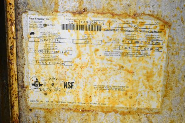 Pitco Frialator SG14 fryer label showing model SG14, 110,000 BTU, natural gas power, and NSF certification.