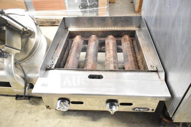 Atosa commercial countertop gas charbroiler grill, missing grates, features control knobs, stainless steel finish, model 262.