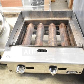 Atosa commercial countertop gas charbroiler grill, missing grates, features control knobs, stainless steel finish, model 262.