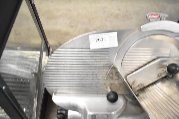 Berkel 818 commercial meat slicer with blade sharpener, 115 volts, 1 phase. Visible label reads "263."
