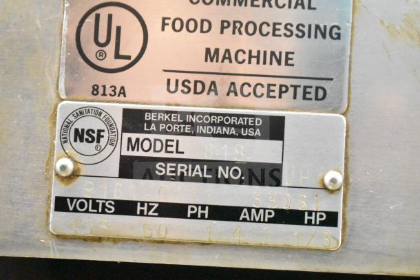 Berkel 818 Commercial Meat Slicer, 115V, 1 Phase; includes blade sharpener. NSF certified, UL listed.