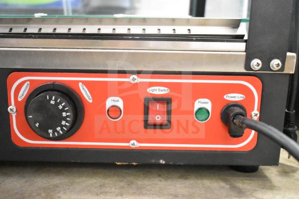 2022 countertop food warmer display, 110V, 1 phase. Features thermostat, light switch, power connector.