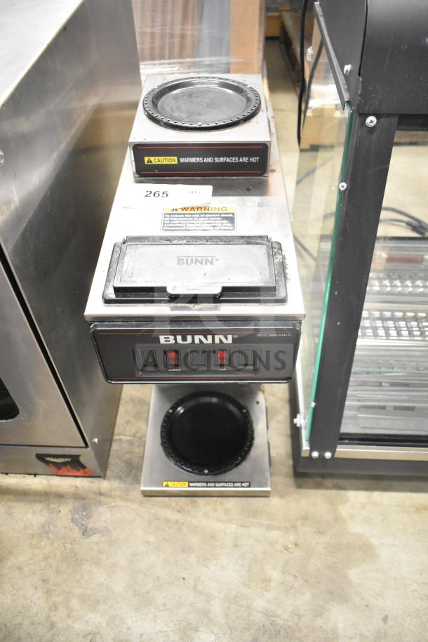 2018 Bunn VP17-2 commercial coffee machine, dual burner, 120V, black with visible caution labels, in used condition.