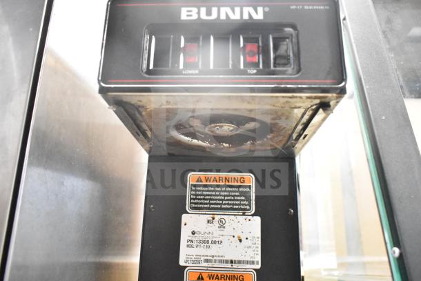 2018 Bunn VP17-2 commercial coffee machine with 2 burners. Features warning labels and visible wear. 120 volts, 1 phase.