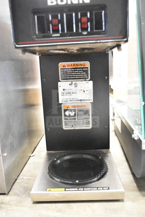 2018 Bunn VP17-2 commercial coffee machine with dual burners, 120V. Features warning labels, minor wear visible.