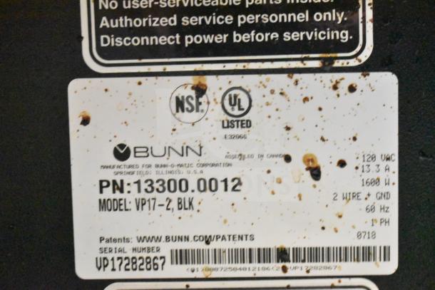 2018 Bunn VP17-2, 2 burner coffee machine, 120V, 1PH. Visible label shows model and serial number.