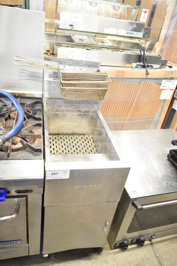 Dean SR42GNS Commercial Natural Gas Deep Fryer, 105,000 BTU, floor style, stainless steel, auction tag visible.