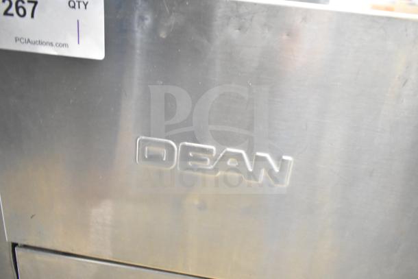 Dean SR42GNS gas fryer, 105,000 BTU, stainless steel finish, commercial-grade, Dean logo visible, auction label attached.