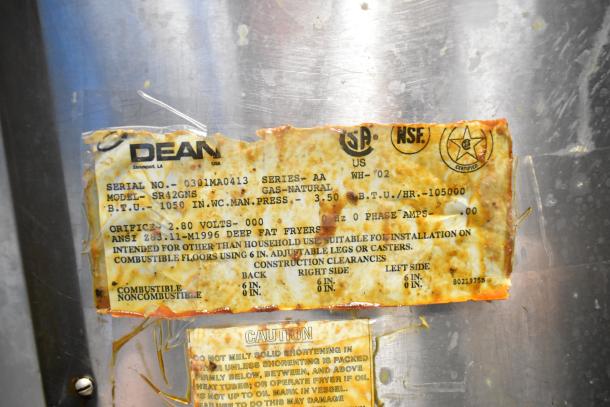 Dean SR42GNS commercial natural gas fryer, 105,000 BTU. Visible labels: model and safety instructions for installation.
