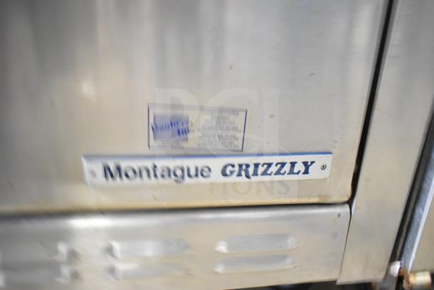 Montague Grizzly commercial gas 6-burner range with oven, featuring backsplash and visible Montague Grizzly branding.