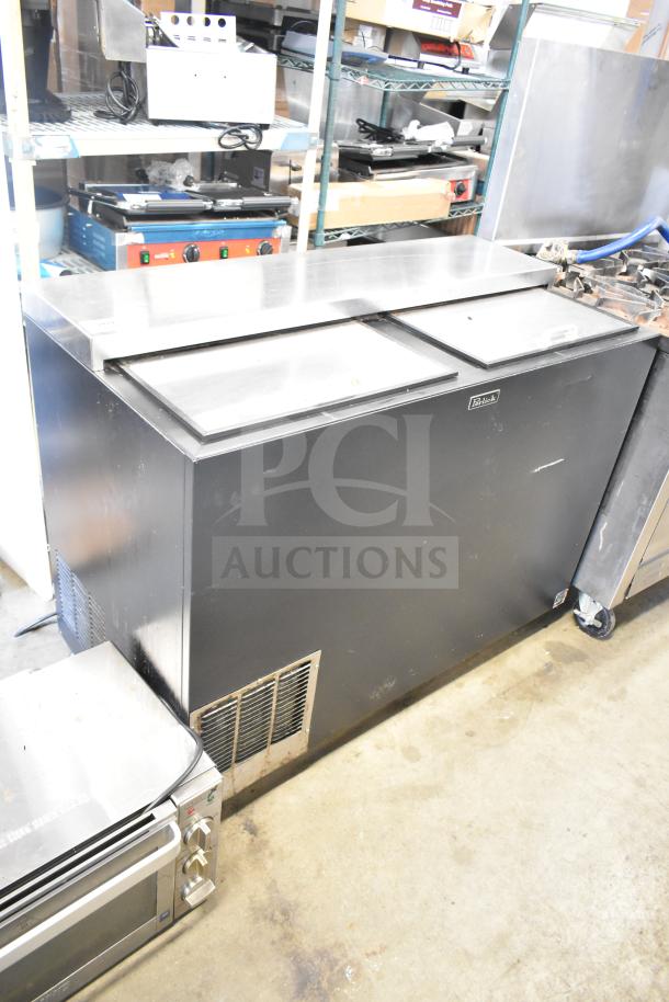 Perlick BC48 Commercial Back Bar Bottle Cooler, black, 2 sliding lids, 115V, 1 phase, visible Perlick logo, good condition.