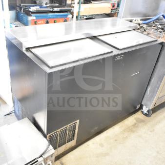 Perlick BC48 Commercial Back Bar Bottle Cooler, black, 2 sliding lids, 115V, 1 phase, visible Perlick logo, good condition.