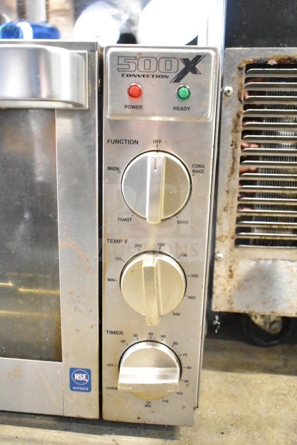 Waring WCO500X half size convection oven, knobs for function, temperature, timer; NSF label visible.