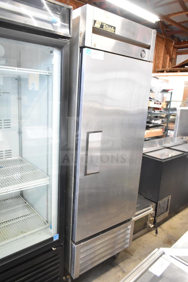 True T-23 commercial single door reach-in cooler, stainless steel, 115 volts, 1 phase, visible True logo, used condition.