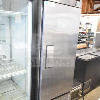 True T-23 commercial single door reach-in cooler, stainless steel, 115 volts, 1 phase, visible True logo, used condition.