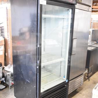 Royal Vendors RVCH-027-02 single door reach-in cooler, 115 volts, black exterior, glass front, on wheels, commercial use.