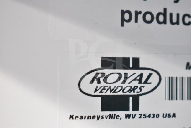 Royal Vendors RVCH-027-02 single door cooler label, logo visible, Kearneysville, WV. 115 volts, 1 phase.