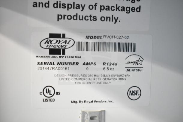 Royal Vendors RVCH-027-02 cooler label, 115V, 1 Phase, Energy Star, UL listed. Serial: 201447RA00161, R134a refrigerant.