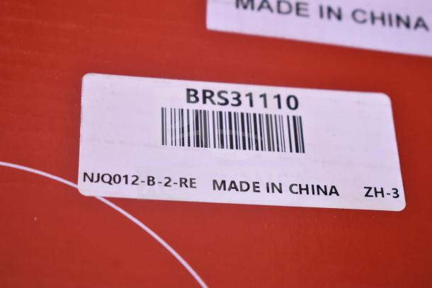 Label on red packaging displaying barcode BRS31110, marked "Made in China," NJQ012-B-2-RE, indicating scratch and dent items.