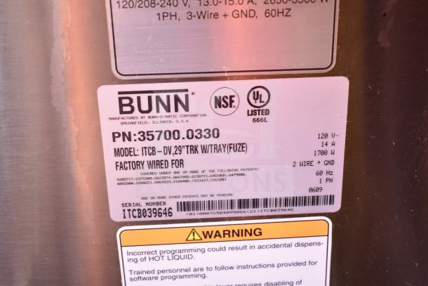 Bunn ITCB-DV label displaying model, voltage, and warning details. NSF and UL listed, with serial number ITCB039646.