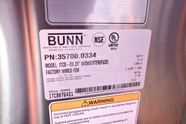 Bunn ITCB-DV Commercial Iced Tea Machine label showing model, serial number ITCB076421, and electrical specs.