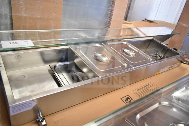 BRAND NEW Avantco 177BMFW5 57" bain marie, 5 half-size wells, electric, 120 volts, scratch and dent model, countertop design.