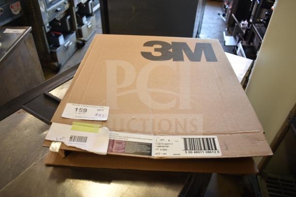 3M 17" White Carpet Bonnet, packaged in box, label shows model 399770000021, 5 per case. Auction lot label visible.